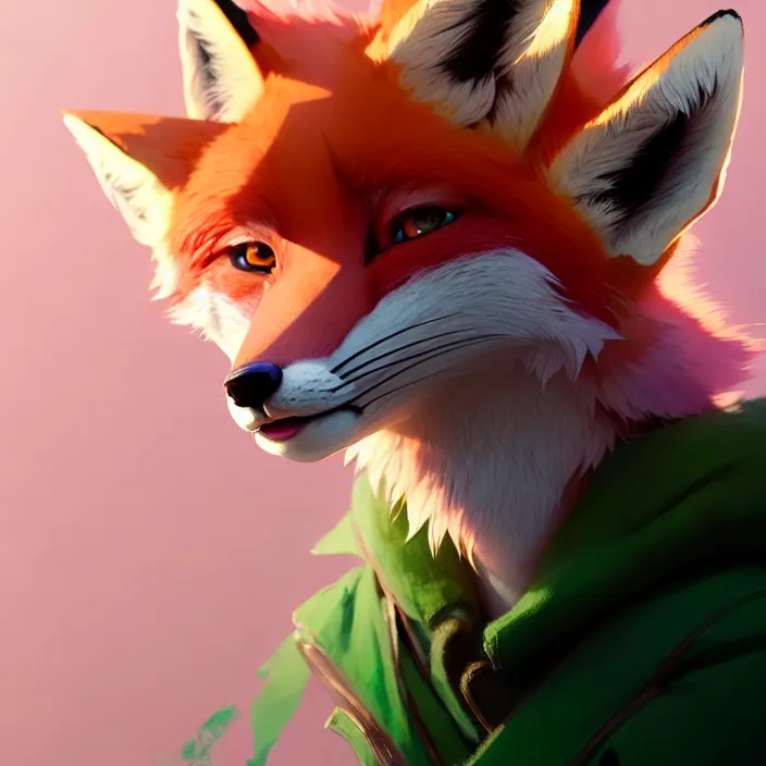 Image similar to a beautiful headshot portrait of a cute anime male fox boy with pink fur and green eyes. character design by cory loftis, fenghua zhong, ryohei hase, ismail inceoglu and ruan jia. artstation, volumetric light, detailed, photorealistic, fantasy, rendered in octane