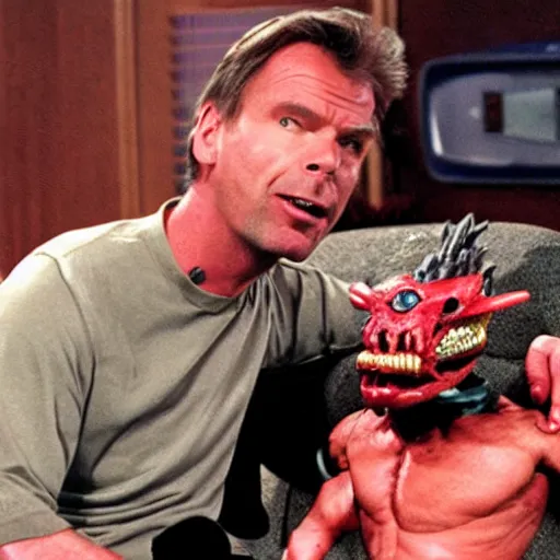 Image similar to predator creature taking a seat with chris hansen, still from tv show to catch a predator