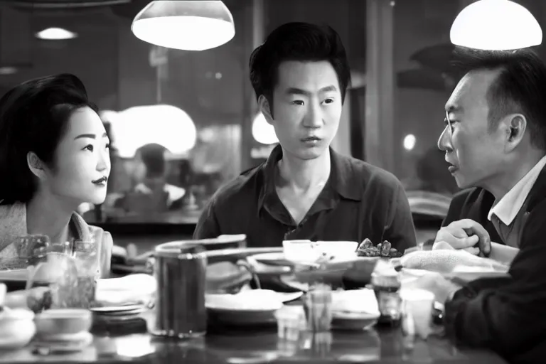 Prompt: movie interior closeup beautiful Asian couple closeup sitting and talking at 50s diner, night in the city, beautiful skin, by Emmanuel Lubezki