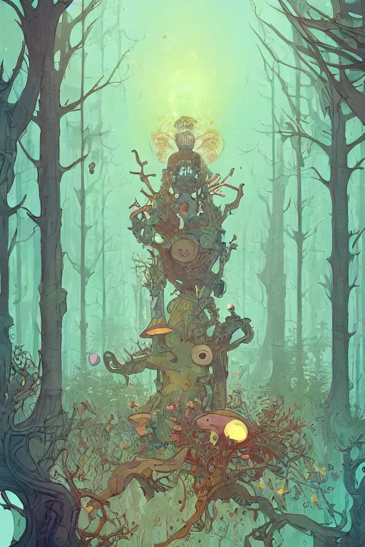 Prompt: abandonned robot un forbidden forest with trees and mushrooms on its head, stylized illustration by peter mohrbacher, moebius, mucha, victo ngai, colorful comics style