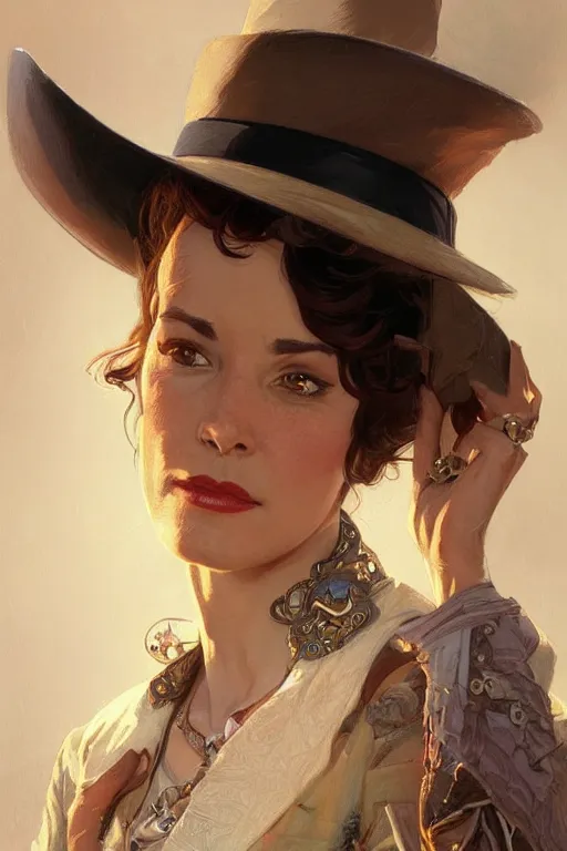 Image similar to portrait of parker posey, western, gunslinger, duster, fantasy, intricate, elegant, highly detailed, digital painting, artstation, concept art, sharp focus, illustration, art by artgerm and greg rutkowski and alphonse mucha