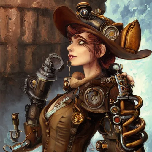 Prompt: steampunk artificer, cute, oil painting, portrait, intricate complexity, rule of thirds, in the style of Adam Paquette, Svetlin Velinov, Daarken, Artgerm, Keith Thompson, and Eric Deschamps, magic the gathering art, character concept