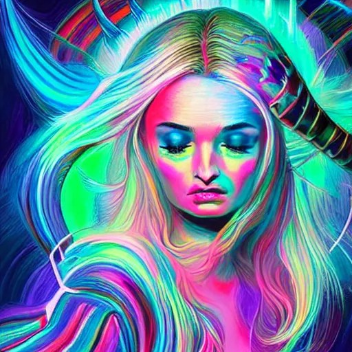 Image similar to a neon psychedelic chakra awakening kundalini ethereal portrait of kim petras with her eyes closed transcending to a higher plane of existence, eternal blessing, multiverse, by android jones, by ben ridgeway, visionary art, by artgerm, featured on artstation, cgsociety, by greg rutkowski