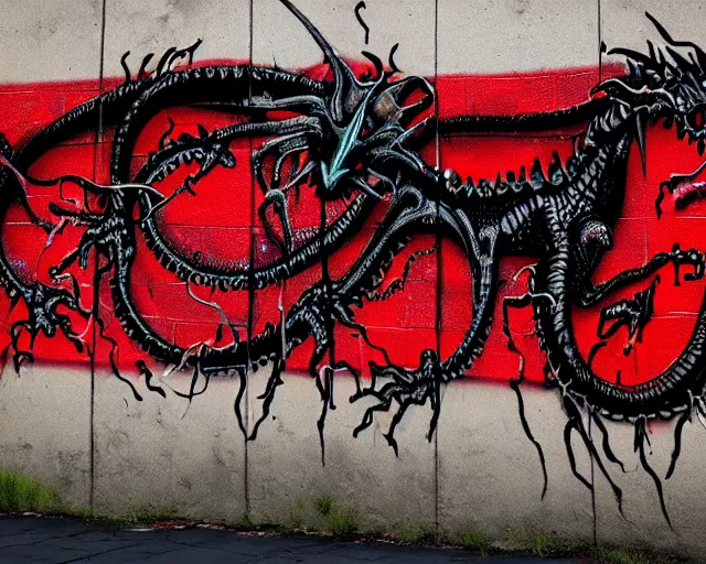 Image similar to 16k photorealistic image of a wall that has some lovecraftian graffiti on it inspired by wretched dragon rib cage. lovecraftian graffiti in red and black colors. the art is cursed and ecrusted with jewels. the grafiiti is inspired by cobwebs and venom.