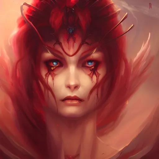 Image similar to portrait of the beautiful face a demoness with pale skin and red eyes and long dark hair by pete mohrbacher and artgerm and wlop, digital art, unreal engine 5, 4K UHD image