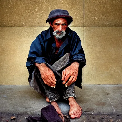 Image similar to portrait of a homeless billionaire, by Steve McCurry, clean, detailed, award winning
