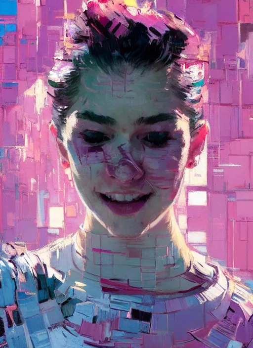 Prompt: portrait of a beautiful girl, smiling, ecstatic, dancing, eyes closed, open mouth, shades of pink, beautiful face, rule of thirds, intricate outfit, spotlight, by greg rutkowski, by jeremy mann, by francoise nielly, by van gogh, digital painting