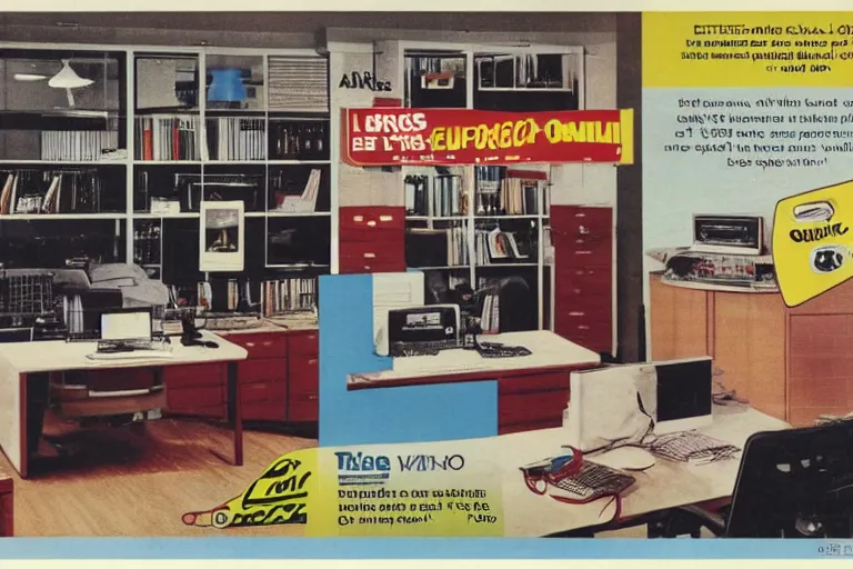 Image similar to a 1 9 8 5 electronics ad depicting an office in the style of andy zito