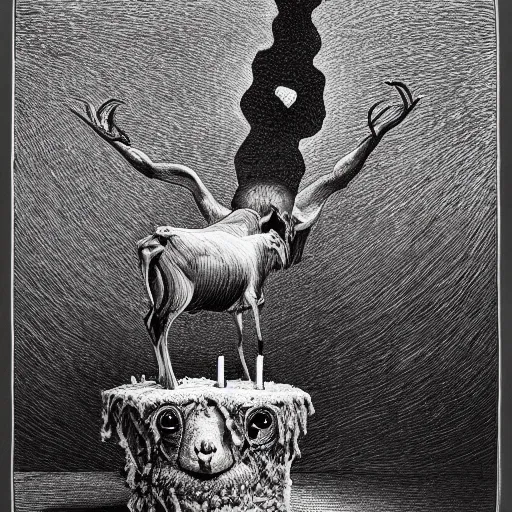 Prompt: a goat's birthday cake, from the terrifying and incomprehensible beyond, body horror, by gerard brom, zdzisław beksinski and ansel adams