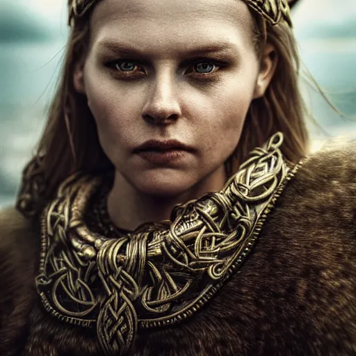 Image similar to Ultrawide realistic photo of a majestic viking woman, unbothered, mind-blowing details, hyperrealism, highly detailed face, ethereal, sadness, luxury, ominous, highly detailed, viking attire, cinematic, 16k, 1080s, smooth, sharp focus, by Stanley Artgermm, WLOP, trending on DeviantArt, trending on ArtStation, digital art, Smooth gradients, depth of field, shot on Canon Camera