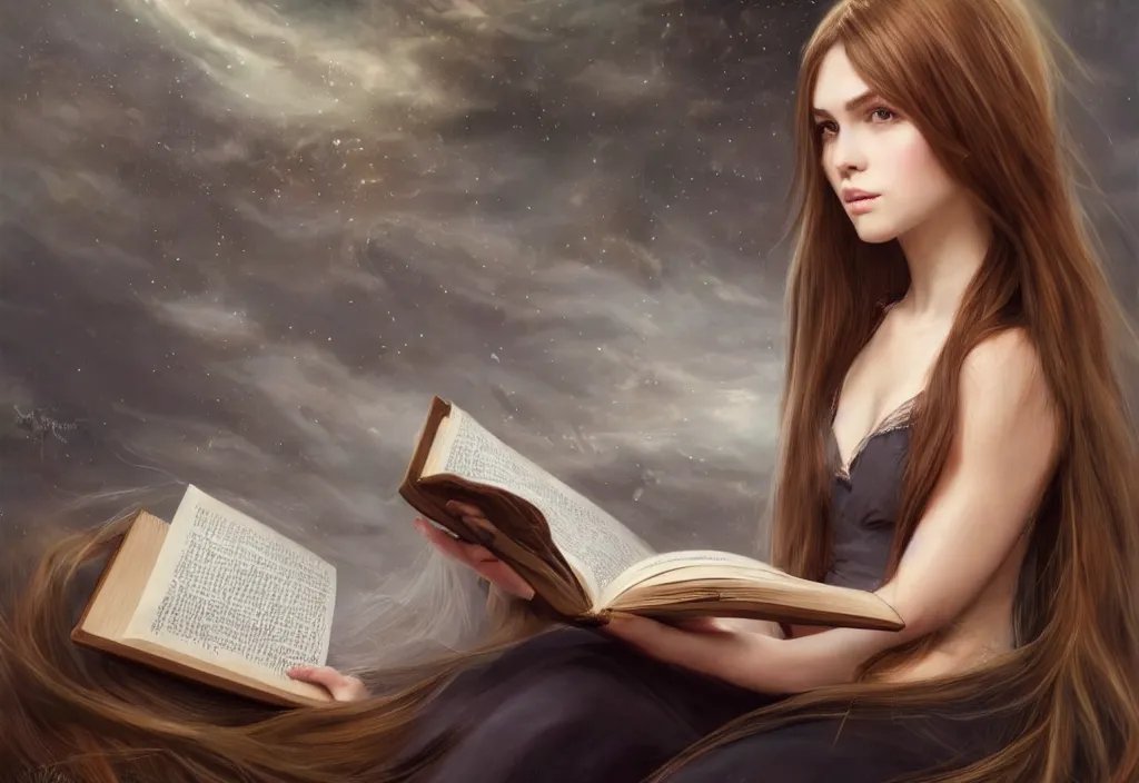 Image similar to a girl reading a book, hair flowing down, 8 k, hyperrealistic, hyperdetailed, fantasy portrait by laura sava