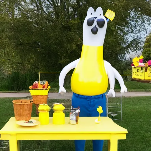 Image similar to a yellow human sized duck standing next to a children's lemonade stand