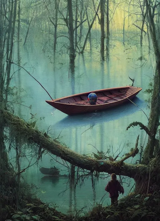 Image similar to boat in the woods by a river gorgeous lighting, lush forest foliage blue sky a hyper realistic painting by chiara bautista and beksinski and norman rockwell and greg rutkowski, tom bagshaw weta studio, and lucasfilm