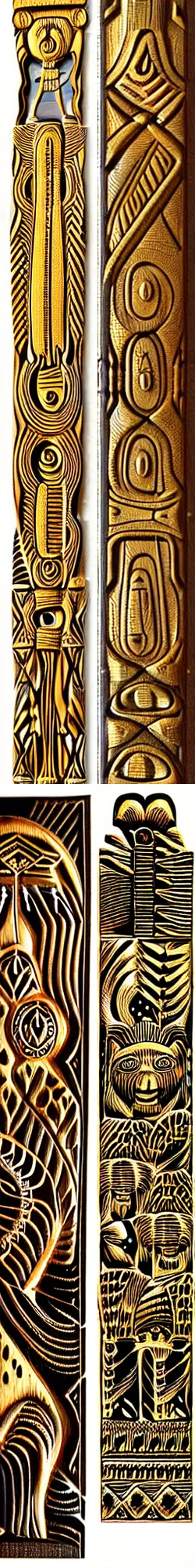 Prompt: vertical rod wood carved in relief, gold color with aboriginal motifs of northern Patagonia, animals and nature of the patagonian aboriginal by miguel angel