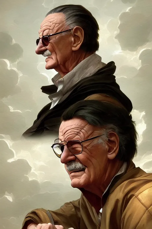 Image similar to Stan Lee on a caravaggio cloudy background, intricate, elegant, highly detailed, artstation, concept art, smooth, sharp focus, illustration, , digital art from artstation, digital art from deviantart, by Stjepan Sejic, Ruan Jia, and Mandy Jurgens, and Artgerm, and william adolphe bouguereau