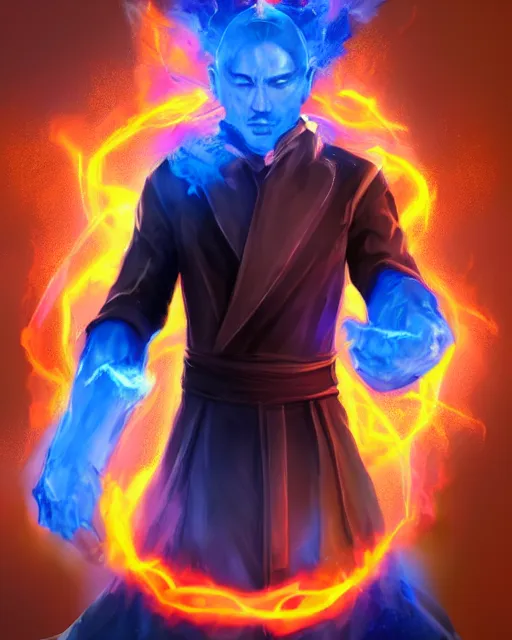 Prompt: an angry mysterious mage dressed in modern clothes controlling blue flames with his hands, fit on frame, golden ratio, WLOP style, character art, fighting pose, mixed media, digital art, trending on artstation, 8k, epic composition, highly detailed, sharp focus