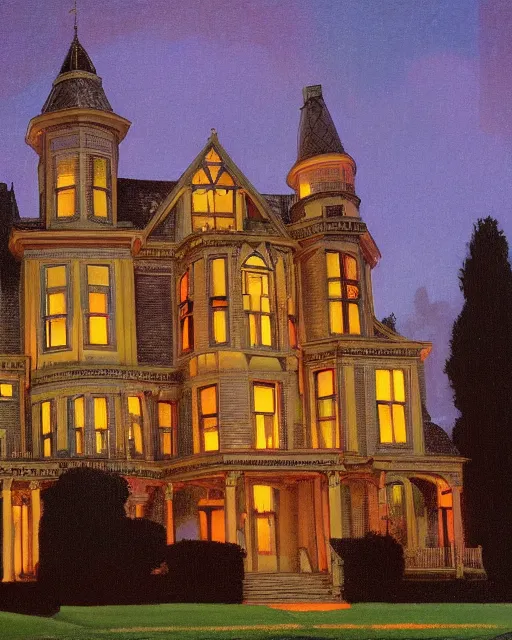 Image similar to a wide angle low photo of a ghostly victorian mansion at night lit by spectral glowing orbs by thomas blackshear