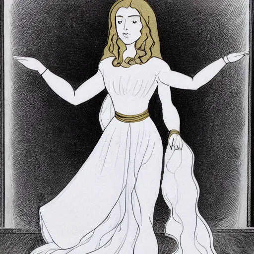 Prompt: a human figure is standing in the center of a room. the figure is wearing a white dress and has long, flowing hair.