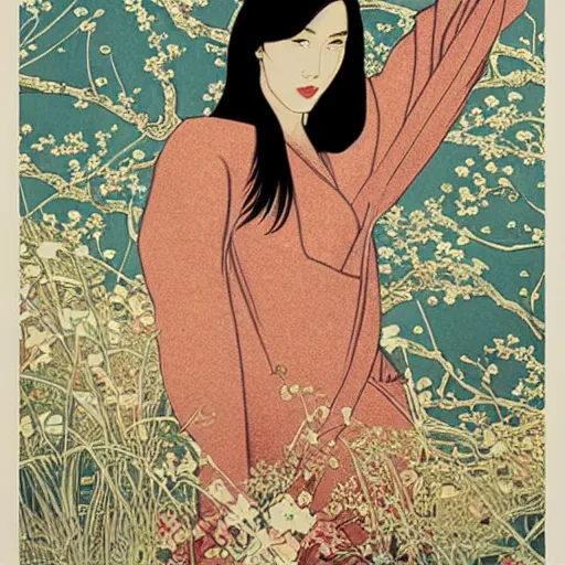 Image similar to “ megan fox portrait by ikenaga yasunari and ayana otake and ko rakusui, 6 0 s poster, drawing, realistic, sharp focus, japanese, dreamy, nostalgia, faded, golden hues, floral clothes, porcelain skin ”