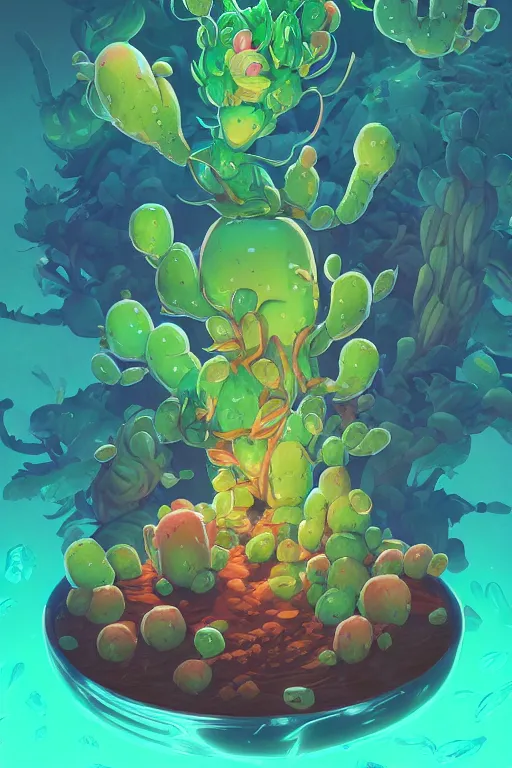 Image similar to roots cactus sushi cristal smurf ghost creature animal sushi cristal very big eye roots cactus elemental flush of force nature micro world fluo fishscale, behance hd by jesper ejsing, by rhads, makoto shinkai and lois van baarle, ilya kuvshinov, rossdraws radiating a glowing aura global illumination ray tracing hdr