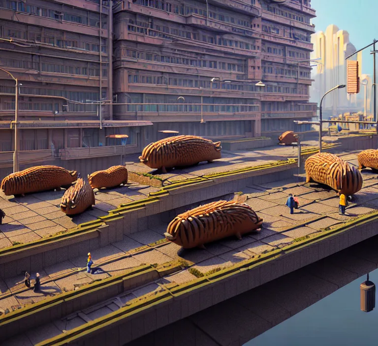 Prompt: hyperrealism photography hyperrealism concept art of highly detailed beavers builders that building highly detailed futuristic ( cyberpunk ) city by wes anderson and hasui kawase and scott listfield sci - fi style hyperrealism rendered in blender and octane render volumetric natural light