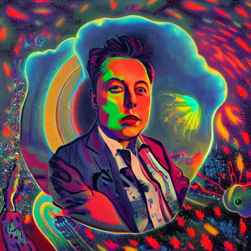 Prompt: surrealist portrait painting of elon musk's acid trip, album cover