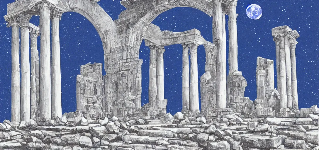 Prompt: The ruins of the Silver Millennium on the moon from Sailor Moon, digital painting, Earth in the distance, Greek-esque columns and ruins