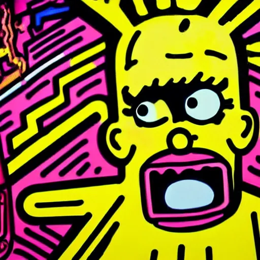 Image similar to pop art of someone taking a selfie smiling during the apocalypse, bright neon colors, intricate details, complementary colors, detailed face, backlighting, octane render, depth of field, extremely detailed, trending in artstation, focus on face, sharp focus, radiant light, beautiful composition, drawn by roy lichtenstein, keith haring, romero britto