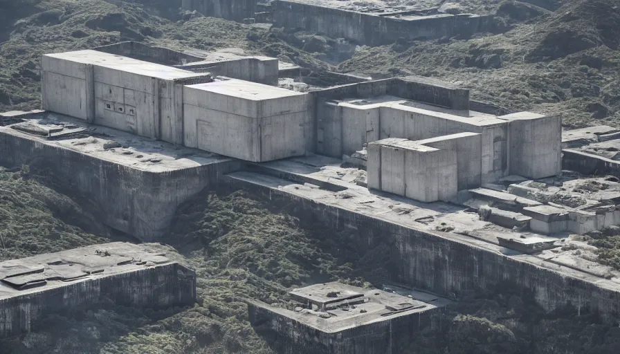 Image similar to big brutalist imperial military base on cliffs, drawing architecture, very long shot, top angle, imperial architecture in rogue one, pritzker architecture prize, brutalism architecture, jan urschel, greig fraser