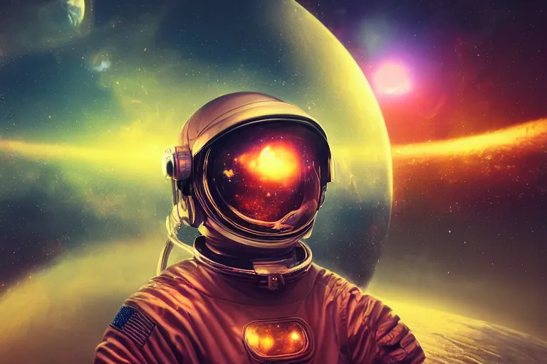 Prompt: 3 d render of an astronaut in a vivid surreal landscape, hyper realistic detailed, ruan jia, wlop, sha xi, fantasy, hyper detailed, sharp focus, depth of field, snining stars, galaxies, sunset, golden hour, octane render, concept art, trippy, ornaments, artstation, marie - gabrielle capet style, neon colors