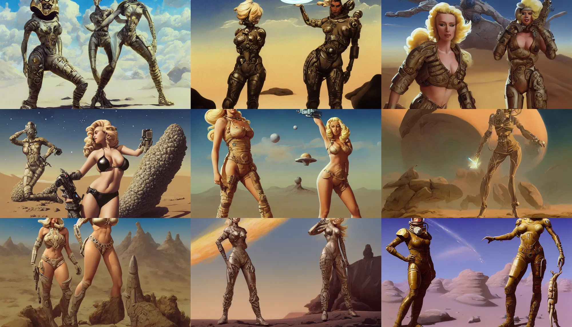 Prompt: A mixed media portrait painting of a beautiful blonde woman posing on a desert alien planet, soldier, curvy, atomic-space-age style armor-bikini and boots, aesthetic symmetrical face and eyes, slavic, by Boris Vallejo, Beeple, Frank Frazetta, Greg Rutkowski, Christian MacNevin, epic fantasy character art, high fantasy, CGsociety, 60's Sci-fi Pinup style, exquisite detail, post-processing, masterpiece, cinematic, crysis