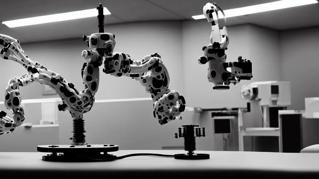 Image similar to a complex bifurcated robotic cnc surgical arm hybrid mri 3 d printer machine making black and white ceramic mutant forms in the laboratory inspection room, film still from the movie directed by denis villeneuve with art direction by salvador dali, wide lens