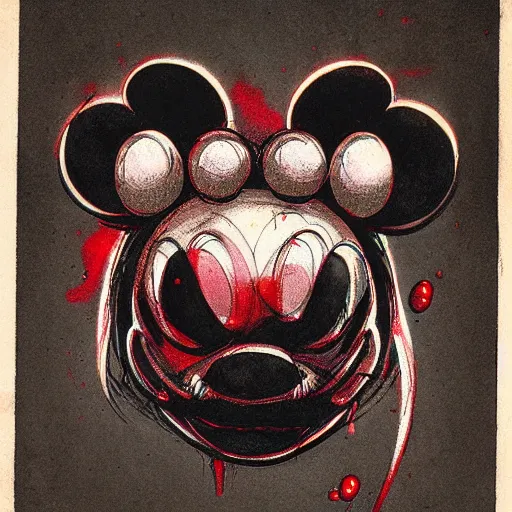 Image similar to front view of a demonic evil mickey mouse with dripping blood, symmetrical, by jean - baptiste monge!!!!!!!!!!!!!!!!!!!!!!!!!!!