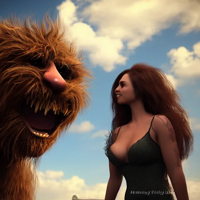 Prompt: perfectly centered portrait, happy hairy monster, candid photography, by anne stokes, highly detailed, unreal engine 5