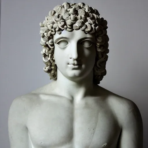 Prompt: antinous statue wearing venetian masquerade mask, symmetry, reflecting flower