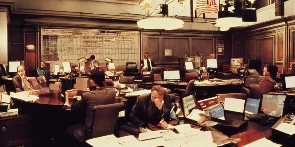 Image similar to colorful muted film still of a wall street board room, ridley scott, crazy fearful atmosphere, bankers crying, stock market crash symbols on the wall, 1 9 8 0 s science fiction, dark science fiction movie