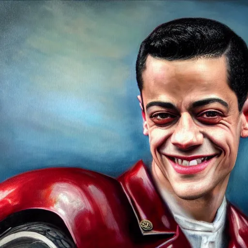 Image similar to A Hearts of Iron IV closeup portrait of a Rami Malek with bulging eyes and a huge smile, riding a tricycle. Dressed in 1980s style. Highly detailed, fine Art, high detail, great lighting, 8k resolution, masterpiece, concept art, illustration, clear eyes, painting oil on canvas, octane render, HDR, trending on artstation, 4k, 8k, HD