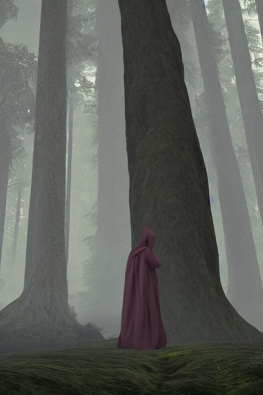 Prompt: a woman in a hooded cloak in a forest clearing at twilight| richly embroidered velvet| tall trees| dramatic atmospheric lighting | Evelyn De Morgan and Maxfield Parrish |featured on Artstation |unreal engine