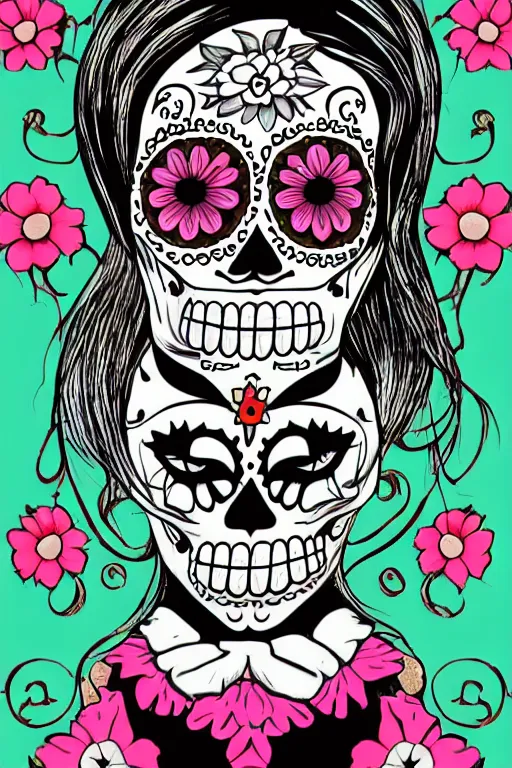 Image similar to illustration of a sugar skull day of the dead girl, art by joe mudureira