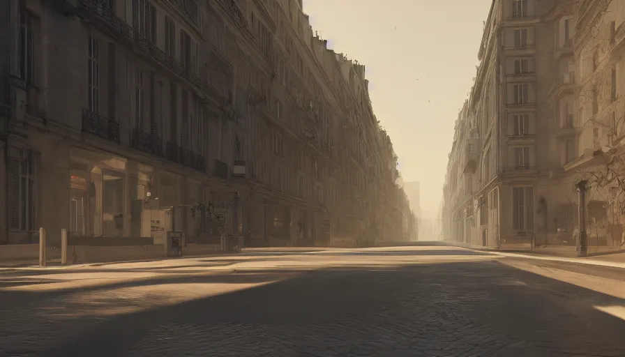 Image similar to empty paris streets, heat wave, volumetric light, abandoned, hyperdetailed, artstation, cgsociety, 8 k