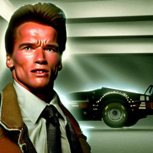 Prompt: arnold schwarzenegger as marty mcfly in the movie back to the future, movie still 8 k hdr atmospheric lighting