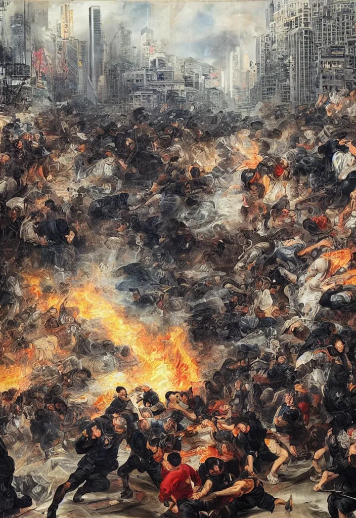 Image similar to 2 0 2 1 hong kong riot by peter paul rubens. city buildings in the background.