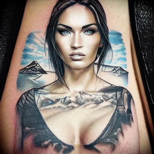 Prompt: hyper realism tattoo design of megan fox face professional double exposure art with beautiful mountain scenery, in the style of matteo pasqualin, amazing detail, sharp, faded