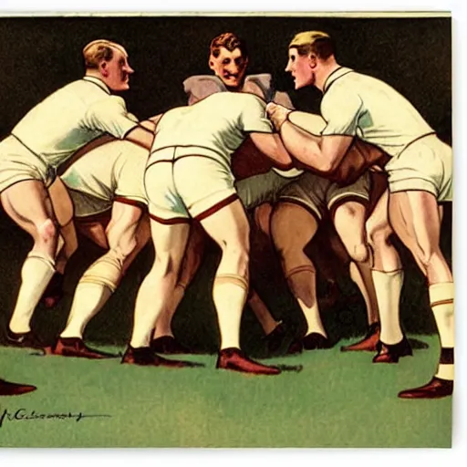 Image similar to 1920s full color illustration by J.C. Leyendecker of handsome male rugby players in a scrum on the field, rugby ball on the ground in between the handsome rugby players