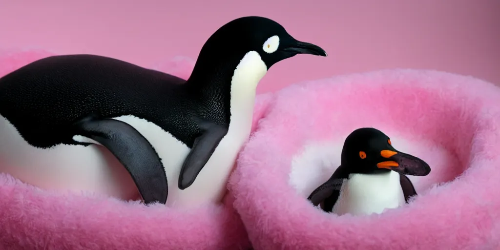 Image similar to realistic penguin sitting in a pink fluffy bed