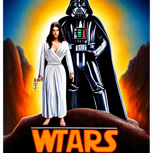 Image similar to super detailed star wars movie poster with Jesus Christ and kim kardashian, 8k full HD photo, cinematic lighting, anatomically correct, oscar award winning, action filled, correct eye placement,