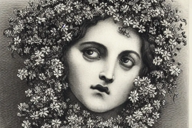 Image similar to black and white, close-up face of crying saint woman covered in flowers, Gustave Dore lithography