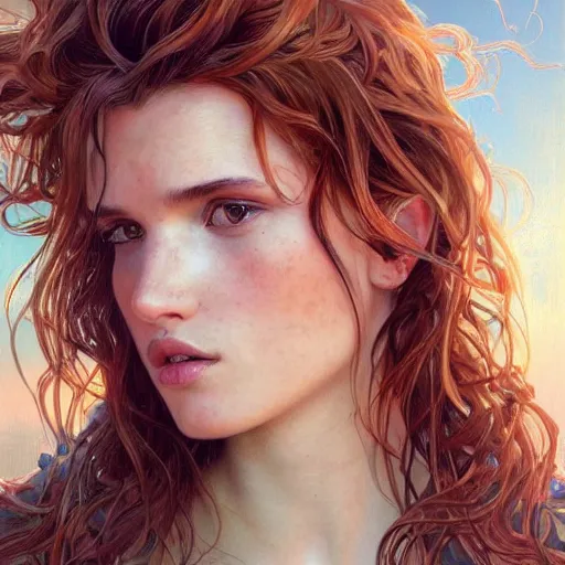 Image similar to ultra realistic illustration, bella thorne messy hair waking up, intricate, elegant, highly detailed, digital painting, artstation, concept art, smooth, sharp focus, illustration, art by artgerm and greg rutkowski and alphonse mucha