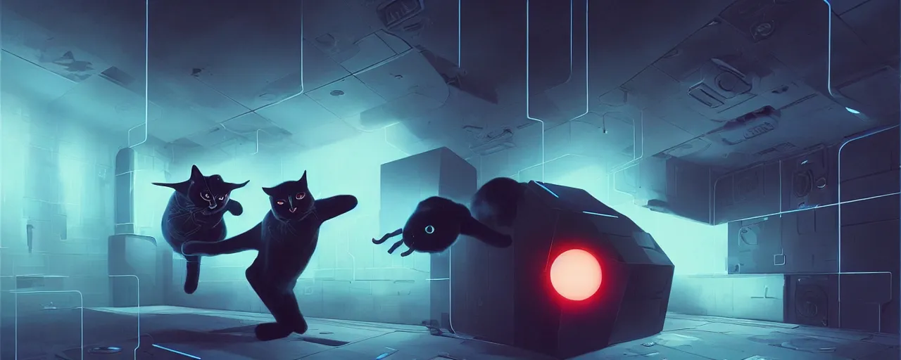 Image similar to duotone noir scifi concept illustration of black cat inside box zero gravity glowing 3 d mesh quantum portals, glowing eyes, octane render, surreal atmosphere, volumentric lighting. accidental renaissance. by sachin teng and sergey kolesov and ruan jia and heng z. graffiti art, scifi, fantasy, hyper detailed. trending on artstation