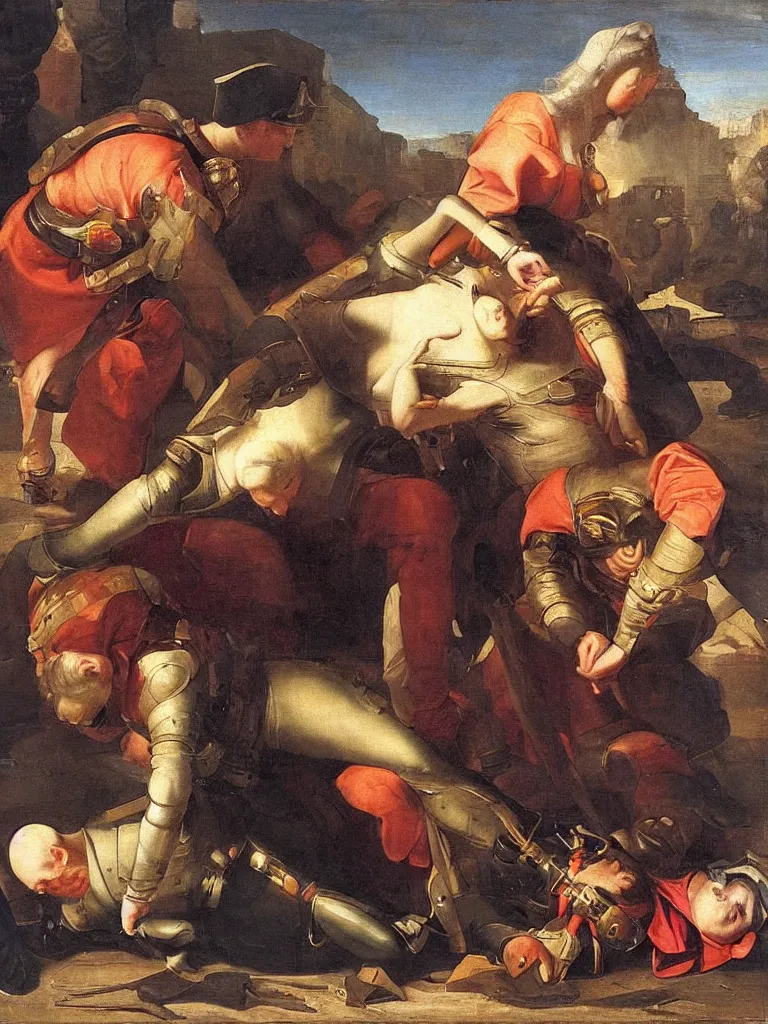 Image similar to the soldier bowed the queen down to the ground and laid his hand on top of her head, baroque painting